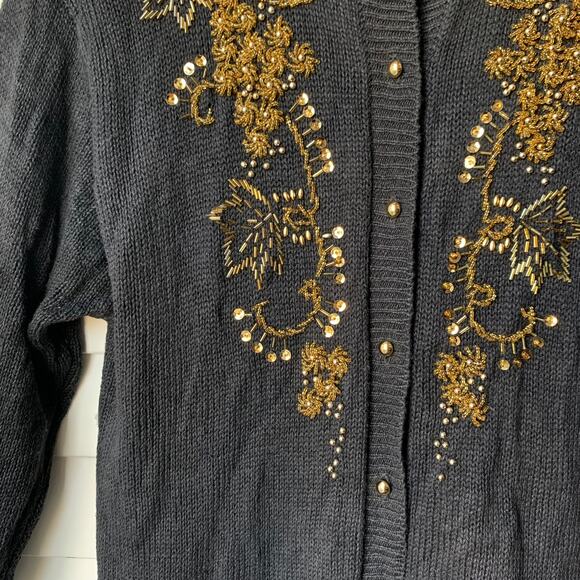 Vintage Gold Beaded and Sequin Black Cardigan Knit Sweater Women's Medium - Picture 7 of 11